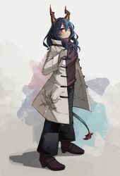 Rule 34 | 1girl, absurdres, arknights, black pants, blue hair, blush stickers, brown footwear, ch&#039;en (arknights), coat, commentary, english commentary, full body, gloves, grey background, grey gloves, hair between eyes, hand up, highres, horns, long hair, open clothes, open coat, pants, purple sweater, red eyes, ribbed sweater, shoes, simple background, solo, sweater, tail, togekk0, turtleneck, turtleneck sweater, white coat
