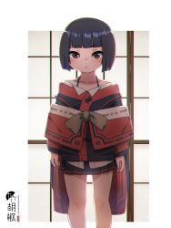 Rule 34 | 1girl, :o, bare shoulders, black hair, black jacket, black skirt, capelet, collarbone, commentary request, cropped legs, grey eyes, highres, jacket, kuro kosyou, long sleeves, looking at viewer, original, parted lips, pleated skirt, red capelet, shirt, short eyebrows, short hair, skirt, sleeves past wrists, solo, standing, thick eyebrows, white shirt, zashiki-warashi