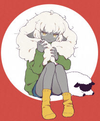 Rule 34 | 1girl, ahoge, animal ears, bare legs, blue shorts, circle, closed mouth, colored skin, dot nose, full body, green sweater, grey skin, hands up, holding, holding own hair, horizontal pupils, jitome, knees up, long hair, long sleeves, looking at viewer, no shoes, original, red nails, sheep, sheep ears, sheep girl, short shorts, shorts, sitting, smile, smug, socks, solo, sweater, terayamaden, twintails, undersized animal, white hair, yellow eyes, yellow socks