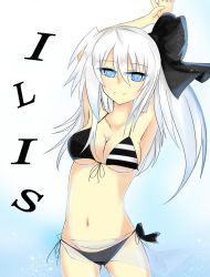Rule 34 | 1girl, armpits, arms up, asymmetrical hair, bikini, black bikini, black ribbon, blue eyes, breasts, character name, character request, cleavage, collarbone, front-tie top, hair ornament, hair ribbon, hand on own head, highres, kuro wa shinoru, light smile, long hair, looking at viewer, navel, original, ribbon, sarong, see-through, side-tie bikini bottom, side ponytail, simple background, solo, swimsuit, white background, white hair