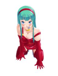 Rule 34 | 1girl, blue eyes, blue hair, bra (dragon ball), condom, condom in mouth, condom wrapper, enessef, gloves, mouth hold, naughty face, shoes, simple background, solo