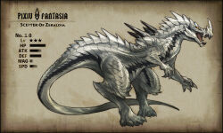 Rule 34 | animal focus, claws, copyright name, dragon, from side, full body, grey scales, masaki (monster), monster, no humans, open mouth, orange eyes, original, paper texture, pixiv fantasia, pixiv fantasia scepter of zeraldia, profile, scales, solo, spikes, stats, tail, yellow background