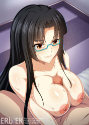Rule 34 | 1boy, 1girl, artist name, black hair, breasts, censored, closed mouth, collarbone, completely nude, glasses, hetero, high school dxd, highres, large breasts, long hair, minaisu, mosaic censoring, nipples, nude, paizuri, parted bangs, penis, shinra tsubaki, smile, sweat, watermark, yellow eyes
