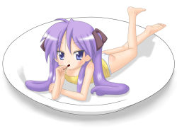 Rule 34 | 00s, bad id, bad pixiv id, barefoot, blue eyes, eating, food, hiiragi kagami, long hair, lucky star, lying, mini person, minigirl, on plate, panties, plate, pocky, purple hair, solo, twintails, underwear, wasabin