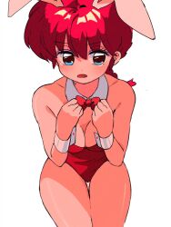 Rule 34 | 1girl, bare legs, bare shoulders, blue eyes, braid, breasts, cleavage, embarrassed, highres, large breasts, leotard, looking at viewer, open mouth, playboy bunny, ponytail, ranma-chan, ranma 1/2, red hair, red leotard, sanamaru (sana79261827), simple background, single braid, tears, white background, wide hips