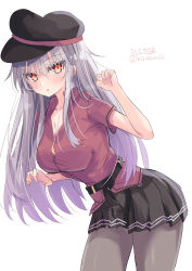 Rule 34 | 1girl, absurdres, artist logo, black hat, black skirt, breasts, collared shirt, gangut (kancolle), gangut dva (kancolle), grey hair, grey pantyhose, hat, highres, hizaka, kantai collection, large breasts, long hair, one-hour drawing challenge, pantyhose, pleated skirt, red eyes, red shirt, shirt, short sleeves, simple background, skirt, solo, white background