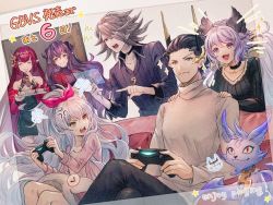 Rule 34 | 2boys, 4girls, anger vein, angry, baal (granblue fantasy), black hair, blue eyes, bow, brown eyes, choker, collarbone, contemporary, couch, cushion, door, euryale (shingeki no bahamut), closed eyes, granblue fantasy, granblue fantasy versus, hair bow, hair ornament, hannibal (gbf), horns, jewelry, light purple hair, long hair, medusa (shingeki no bahamut), multiple boys, multiple girls, necklace, nezha (granblue fantasy), open mouth, pendant, playing games, playstation controller, pointy ears, purple eyes, purple hair, red eyes, satyr (granblue fantasy), siblings, silver hair, sisters, sitting, smile, snake hair, stheno (shingeki no bahamut), sweater, turtleneck, turtleneck sweater, very long hair, wavy hair