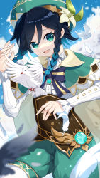 Rule 34 | 1boy, absurdres, androgynous, beret, bird, black hair, blue hair, blurry, blurry foreground, bow, braid, brooch, cape, cloud, cloudy sky, collared cape, collared shirt, corset, day, dove, feathers, flower, frilled sleeves, frills, gem, genshin impact, gradient hair, green eyes, green hat, green shorts, hat, hat flower, highres, jewelry, leaf, long sleeves, looking at viewer, male focus, multicolored hair, open mouth, outdoors, pantyhose, recyan, shirt, short hair with long locks, shorts, sky, smile, solo, twin braids, venti (genshin impact), vision (genshin impact), white flower, white pantyhose, white shirt
