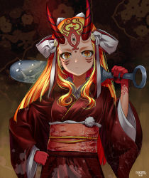 Rule 34 | 1girl, absurdres, blonde hair, club, club (weapon), facial mark, fate/grand order, fate (series), hand on own hip, highres, holding, holding weapon, horns, ibaraki douji (fate), japanese clothes, kanabou, kimono, long hair, looking at viewer, makise minami, oni, sash, slit pupils, solo, weapon, yellow eyes