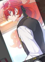 Rule 34 | 1boy, black vest, camera phone, cellphone photo, closed mouth, diluc (genshin impact), diluc (kfc) (genshin impact), from side, genshin impact, hair between eyes, hair ribbon, long hair, long sleeves, male focus, ncn828, ponytail, profile, red hair, ribbon, shirt, solo, taking picture, upper body, vest, white shirt