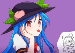 Rule 34 | 2girls, :p, artist name, blue hair, bow, bowler hat, bowtie, chibi, chibi inset, food, fruit, hair bow, hat, head rest, highres, hinanawi tenshi, izha (seisfleur), leaf, long hair, multiple girls, neckwear request, peach, puffy short sleeves, puffy sleeves, purple background, red bow, red hair, red neckwear, shirt, short sleeves, sidelocks, tongue, tongue out, touhou, white shirt, yorigami shion