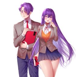 Rule 34 | 1boy, 1girl, artist name, blue pants, blue skirt, book, bookmark, breasts, commentary, commission, cowboy shot, doki doki literature club, genderswap, genderswap (ftm), grey jacket, hair between eyes, hair ornament, hair over one eye, hairclip, hand to own mouth, hand up, holding, holding book, jacket, large breasts, long hair, long sleeves, looking at viewer, nail polish, necktie, pants, parted lips, pleated skirt, potetos7, purple eyes, purple hair, purple nails, red neckwear, school uniform, shirt, simple background, skirt, symbol-only commentary, very long hair, watermark, white background, white shirt, wing collar, yuri (doki doki literature club)