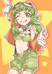Rule 34 | 1girl, absurdres, arm up, armpit crease, ascot, blush stickers, breasts, brooch, clenched hand, clenched teeth, contrapposto, cowboy shot, crop top, fingernails, goggles, goggles on head, green eyes, green hair, green shorts, grin, gumi, gumi (v3 megpoid), halftone, halftone background, highres, jacket, jewelry, kirinowa, light blush, limited palette, looking at viewer, midriff, nail polish, navel, no bra, one eye closed, open clothes, open fly, open jacket, orange-tinted eyewear, orange background, orange jacket, orange nails, outline, puffy shorts, raised eyebrow, revealing clothes, short hair with long locks, shorts, simple background, small breasts, smile, solo, star (symbol), starry background, suspender shorts, suspenders, tareme, teeth, thighs, tight top, tinted eyewear, twitter username, two-tone background, underboob, vocaloid, white-framed eyewear, white outline