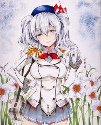 Rule 34 | 10s, 1girl, atoshi, bad id, bad pixiv id, beret, blush, breasts, double-breasted, epaulettes, flower, gloves, hat, kantai collection, kashima (kancolle), pleated skirt, grey eyes, silver hair, skirt, smile, solo, twintails, white gloves