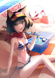 Rule 34 | 1girl, :d, absurdres, animal ears, arm support, armpits, ass, ball, bare shoulders, beach, beachball, bikini, black hair, blue archive, bottle, breasts, brown eyes, can, cleavage, collarbone, commentary request, cooler, denim, denim shorts, drink can, fox ears, fox girl, fox tail, hair between eyes, hair ornament, halo, highres, holding, holding bottle, ice, ice cube, izuna (blue archive), jimieokaes, looking at viewer, medium breasts, medium hair, navel, one side up, open mouth, pom pom (clothes), pom pom hair ornament, ramune, red scarf, scarf, short shorts, shorts, sidelocks, sitting, sleeveless, smile, soda can, solo, spaghetti strap, stomach, striped bikini, striped clothes, swimsuit, tail, visor cap