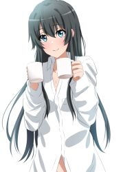 Rule 34 | 1girl, black hair, blue eyes, breasts, cleavage, closed mouth, commentary request, cup, dars (recolors), dual wielding, holding, holding cup, long hair, long sleeves, looking at viewer, mug, naked shirt, shirt, simple background, small breasts, smile, solo, very long hair, white background, white shirt, yahari ore no seishun lovecome wa machigatteiru., yukinoshita yukino