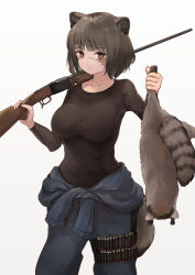 Rule 34 | 1girl, ammunition belt, animal, animal ears, batta (kanzume quality), black hair, black shirt, breasts, closed mouth, clothes around waist, collarbone, commentary request, cowboy shot, denim, gun, hands up, holding, holding animal, holding weapon, jeans, large breasts, long sleeves, looking at viewer, original, pants, raccoon, raccoon ears, raccoon tail, red eyes, rifle, scar, scar on face, scar on nose, shirt, shirt around waist, short hair, simple background, tail, weapon, white background