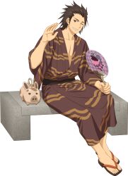 Rule 34 | 1boy, alvin (tales), brown eyes, brown hair, brown kimono, commentary, english commentary, feet, fingernails, full body, hand fan, highres, holding, holding fan, japanese clothes, kimono, looking at viewer, male focus, official art, one eye closed, sandals, sitting, sweatdrop, tales of (series), tales of asteria, tales of xillia, teepo (tales), toenails, toes, transparent background, waving, wide sleeves, zouri