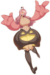 Rule 34 | 1girl, absurdres, ahoge, boots, breasts, creatures (company), dress, fangs, game freak, gen 6 pokemon, gourgeist, hair over one eye, highres, huge breasts, jack-o&#039;-lantern, knee boots, long hair, nintendo, open mouth, personification, pink hair, pokemon, simple background, smile, solo, spacezin, white background, yellow eyes