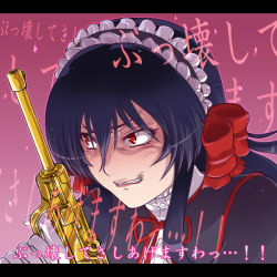 Rule 34 | 00s, 1girl, april (coyote ragtime show), text background, black hair, constricted pupils, coyote ragtime show, gloves, grin, gun, hair ribbon, hairu, handgun, headdress, lipstick, long hair, luger p08, makeup, pistol, red eyes, ribbon, smile, solo, text focus, translation request, weapon