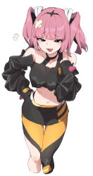 Rule 34 | 1girl, :3, asymmetrical pants, bandaid, bandaid hair ornament, bare shoulders, belt, black pants, black shirt, black skirt, breasts, creatures (company), crop top, cropped legs, curvy, fang, game freak, grey eyes, hair ornament, hand on own hip, hand up, highres, long sleeves, looking at viewer, makkurourufu, medium breasts, medium hair, midriff, miniskirt, naughty face, navel, nintendo, open mouth, pants, pink hair, pokemon, pokemon (anime), pokemon horizons, coral (pokemon), shirt, simple background, skirt, sleeves past wrists, smug, solo, standing, twintails, two-tone pants, white background, wide hips, yellow belt, yellow pants