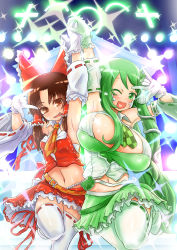 Rule 34 | 2girls, adapted costume, armpits, benikurage (cookie), breasts, brown eyes, brown hair, checkered clothes, checkered neckwear, commentary request, cookie (touhou), detached sleeves, foot out of frame, frilled hair tubes, frills, frog hair ornament, green eyes, green hair, green neckwear, hair ornament, hair tubes, hakurei reimu, heart, heart in mouth, highres, holding hands, idol, kochiya sanae, large breasts, leg lift, long hair, looking at viewer, m/, midriff, miniskirt, multiple girls, navel, necktie, one eye closed, open mouth, otemoto (baaaaloooo), parted bangs, paseri (cookie), red ribbon, red shirt, ribbon, ribbon-trimmed legwear, ribbon-trimmed sleeves, ribbon trim, sarashi, sharp teeth, shirt, sidelocks, skirt, sleeveless, sleeveless shirt, small breasts, smile, snake hair ornament, sparkle, symmetrical pose, teeth, thighhighs, touhou, two-tone necktie, v, white legwear, yellow neckwear