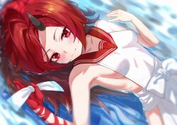 Rule 34 | 1girl, absurdres, bare shoulders, blue archive, blush, breasts, collarbone, commentary, highres, horns, looking at viewer, lying, lying on water, mr.zhuo, on back, oni horns, red eyes, red hair, red sailor collar, renge (blue archive), sailor collar, shallow water, sideboob, sideless outfit, single horn, small breasts, smile, solo, symbol-only commentary, upper body, water