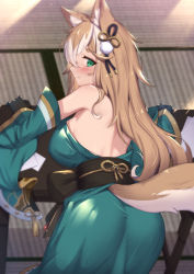 Rule 34 | 1girl, animal ears, ass, bare shoulders, blonde hair, blush, breasts, detached sleeves, embarrassed, fox ears, fox tail, from behind, genshin impact, gloves, green eyes, highres, hina (genshin impact), japanese clothes, kimono, large breasts, long hair, looking at viewer, looking back, multicolored hair, shiny clothes, shiny skin, sideboob, smile, solo, tail, two-tone hair, uneg, very long hair
