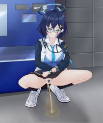 Rule 34 | 1girl, absurdres, alley, blue archive, blue hair, chihiro (blue archive), female pubic hair, glasses, green eyes, highres, looking at viewer, no panties, outdoors, peeing, pubic hair, puddle, pussy, shino (pixiv7784246), solo, squatting, uncensored