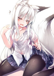 Rule 34 | 1girl, animal ear fluff, animal ears, black pantyhose, blue skirt, breasts, clothes lift, collarbone, commentary request, fox ears, fox girl, fox tail, hair between eyes, highres, long hair, looking at viewer, open mouth, original, pantyhose, plaid, plaid skirt, pleated skirt, red eyes, shirt, short sleeves, sidelocks, simple background, sitting, skirt, skirt lift, small breasts, solo, tail, thick eyebrows, wariza, white background, white hair, white shirt, yuki kawachi