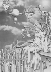 Rule 34 | 1girl, absurdres, angel, angel wings, bare shoulders, barefoot, building, choker, city, fantasy, floating city, from above, graphite (medium), greyscale, halftone, highres, lens flare, long hair, midriff, monochrome, nib pen (medium), on roof, original, planet, polearm, ponytail, profile, rooftop, sitting, sitting on roof, solo, spear, sun, sunlight, traditional media, weapon, wings, zion (zionlibra1009)