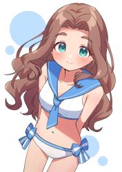 Rule 34 | 1girl, arms behind back, bikini, blue bow, blue neckerchief, blue sailor collar, blush, bow, breasts, brown hair, bubble background, collarbone, commentary request, cowboy shot, dot nose, green eyes, highres, idolmaster, kahiika, kusakabe wakaba, long hair, looking at viewer, navel, neckerchief, parted bangs, sailor collar, sailor swimsuit (idolmaster), small breasts, smile, solo, stomach, swimsuit, thick eyebrows, thighs, wavy hair, white background, white bikini