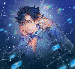 Rule 34 | 1boy, alternate color, alternate costume, alternate eye color, alternate hair color, aqua eyes, battle tendency, black hair, blue gemstone, blue theme, caesar anthonio zeppeli, cigarette, closed mouth, collar, collarbone, collared shirt, commentary, commentary request, constellation, crystal, cuff links, earrings, expressionless, facial mark, gem, hair between eyes, hand on own cheek, hand on own face, hand up, head rest, holding, holding cigarette, homil22, jewelry, jojo no kimyou na bouken, korean commentary, leo (constellation), libra (constellation), long sleeves, male focus, nail polish, no headband, no headwear, open collar, refraction, ring, shirt, short hair, sleeve cuffs, smoke, solo, star (sky), symbol-only commentary, taurus (constellation), upper body