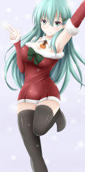 Rule 34 | 10s, 1girl, arm up, armpits, ascot, black thighhighs, bow, breasts, christmas, christmas tree hair ornament, cleavage, detached sleeves, dress, evandragon, green eyes, green hair, hair ornament, highres, kantai collection, long hair, looking at viewer, off-shoulder dress, off shoulder, reaching, reaching towards viewer, red dress, selfie, smile, solo, suzuya (kancolle), thighhighs, v, zettai ryouiki