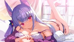 Rule 34 | 1girl, absurdres, animal ear fluff, animal ears, ass, barefoot, bikini, blue hair, blush, breasts, butt crack, cleavage, closed mouth, commentary request, detached sleeves, extra ears, fox ears, hair ornament, head tilt, highres, indoors, kamishiro natsume, legs up, long hair, looking at viewer, lying, medium breasts, melty+, nail polish, nishinoda, on stomach, one side up, purple nails, purple sleeves, red eyes, red nails, side-tie bikini bottom, smile, solo, strap slip, sunlight, swimsuit, translation request, twitter username, virtual youtuber, white bikini, window