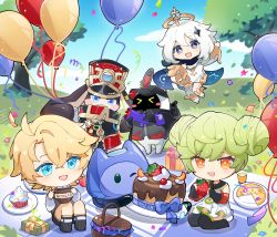Rule 34 | &gt; &lt;, 1boy, 2girls, 3others, :d, absurdres, ai-chan (honkai impact), balloon, bangboo (zenless zone zero), bare shoulders, black eyes, black footwear, black gloves, black scarf, black shorts, black socks, blonde hair, blue eyes, blue sky, boots, cake, chibi, cloud, cloudy sky, company connection, confetti, crossover, cup, cupcake, davis (tears of themis), double bun, dress, elbow gloves, emmikn, food, fruit, full body, genshin impact, gloves, green hair, hair bun, hair ornament, halo, highres, holding, holding cup, honkai: star rail, honkai (series), honkai impact 3rd, long sleeves, looking at viewer, mihoyo, mimo (mihoyo), multiple girls, multiple others, one eye closed, open mouth, orange eyes, outdoors, paimon (genshin impact), pizza, plate, pom-pom (honkai: star rail), rabbit, scarf, shirt, short hair, shorts, sky, sleeveless, sleeveless dress, smile, socks, strawberry, tears of themis, thigh boots, tree, waving, white dress, white footwear, white hair, white shirt, zenless zone zero