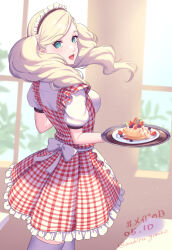 Rule 34 | 1girl, :d, apron, blonde hair, blue eyes, checkered clothes, checkered dress, commentary request, dated, dress, food, fruit, holding, holding tray, indoors, long hair, looking at viewer, looking back, maid, maid apron, maid day, maid headdress, open mouth, persona, persona 5, plate, smile, solo, takamaki anne, thighhighs, tray, twintails, twitter username, waffle, white thighhighs, yoruno mahiru