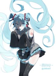 Rule 34 | 1girl, black footwear, black skirt, black sleeves, blue eyes, blue hair, blue necktie, boots, detached sleeves, grey shirt, hatsune miku, headphones, long hair, microphone, necktie, open mouth, pleated skirt, shirt, simple background, skirt, solo, thigh boots, twintails, umikuri, very long hair, vocaloid, white background