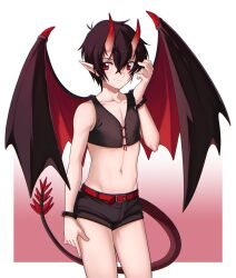 Rule 34 | 1boy, belt, bishounen, border, bulge, commentary, commission, cowboy shot, demon boy, demon tail, demon wings, english commentary, hands in hair, male focus, navel, original, pointy ears, red belt, red eyes, short shorts, shorts, smile, solo, tail, tama! (lazyturtle), white border, wings