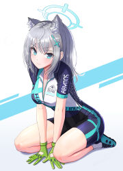 Rule 34 | 1girl, animal ear fluff, animal ears, bicycle, bike jersey, blue archive, blue eyes, blue halo, breasts, bs9999s, cleavage, cross hair ornament, cycling uniform, extra ears, gloves, green gloves, grey hair, hair ornament, halo, large breasts, long hair, looking at viewer, official alternate costume, seiza, shiroko (blue archive), shiroko (cycling) (blue archive), sitting, solo, wolf ears