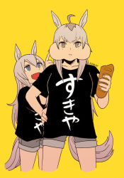 Rule 34 | 2girls, animal ears, artist name, baguette, black shirt, blue eyes, bread, commentary request, cowboy shot, fang, food, grey eyes, grey hair, grey shorts, hair between eyes, hand on own hip, height difference, holding, holding food, horse ears, horse tail, long hair, mukakin, multicolored hair, multiple girls, oguri cap (umamusume), open mouth, puffy cheeks, shirt, short sleeves, shorts, simple background, smile, streaked hair, tail, tamamo cross (umamusume), umamusume, yellow background