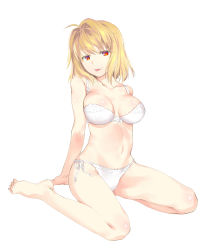 Rule 34 | 00s, 1girl, :p, absurdres, ahoge, arcueid brunestud, barefoot, bikini, blonde hair, bra, breasts, full body, highres, large breasts, naughty face, navel, panties, red eyes, short hair, side-tie panties, simple background, sitting, solo, swimsuit, tongue, tongue out, tsukihime, underwear, underwear only, veaml, wariza, white background