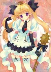 Rule 34 | 00s, 1girl, aquarian age, blonde hair, blush, bow, crown, earrings, elbow gloves, garter belt, gloves, hair bow, highres, jewelry, key, long hair, purple eyes, skirt, solo, thighhighs, tokumi yuiko, twintails