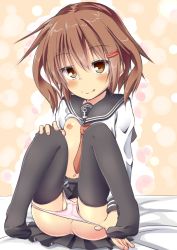 Rule 34 | 10s, 1girl, anchor symbol, ass, bad id, bad pixiv id, black thighhighs, brown eyes, brown hair, clothes lift, fang, feet, flat chest, hair ornament, hairclip, ikazuchi (kancolle), kantai collection, leg up, legs up, necktie, nipples, panties, panty pull, partially visible vulva, pink panties, school uniform, shirt lift, short hair, smile, solo, thighhighs, underwear, undressing, yukomura (ble pupilla)
