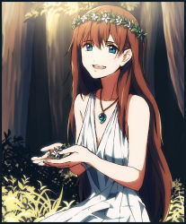 Rule 34 | 1girl, aqua eyes, bare shoulders, brown hair, cupping hands, dress, head wreath, highres, jewelry, long hair, looking at viewer, magatama, matsuki (mikipingpong), nature, necklace, open mouth, original, outdoors, own hands together, pendant, sleeveless, smile, solo, sundress, tree, very long hair, white dress