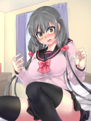 Rule 34 | 1girl, black thighhighs, blush, bow, breasts, commentary request, curtains, gender request, genderswap, grey hair, kouji (kari), large breasts, long hair, low twintails, on bed, open mouth, original, pillow, school uniform, scrunchie, serafuku, sitting, skirt, solo, thighhighs, twintails, window, yellow eyes
