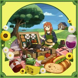 Rule 34 | 1girl, alcohol, animated, animated gif, apple, braid, brown hair, cat, cheese, cup, drinking glass, food, fork, fruit, green eyes, hedgehog, highres, house, knife, lantern, mituhati, original, outdoors, picnic, shark, short hair, solo, swing, twin braids, watch, wine, wine glass, wristwatch
