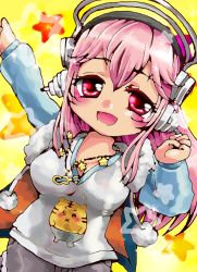 Rule 34 | 1girl, breasts, chibi, cleavage, headphones, large breasts, long hair, looking at viewer, nitroplus, open mouth, pink eyes, pink hair, pom pom (clothes), rokico, smile, super sonico