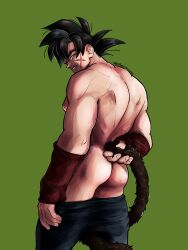 Rule 34 | 1boy, absurdres, aco (aco rz), ass, back, bara, bardock, black hair, clothes pull, dragon ball, dragonball z, facial scar, feet out of frame, from behind, green background, head tilt, highres, large hands, looking at viewer, looking back, male focus, mature male, monkey tail, muscular, muscular male, nipples, pants, pants pull, pectorals, scar, scar on cheek, scar on face, seductive smile, short hair, sidepec, smile, solo, spiked hair, tail, tail grab, thick eyebrows, topless male, wristband