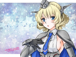 Rule 34 | 1girl, black gloves, blonde hair, blouse, blue eyes, blue necktie, braid, breasts, character name, colorado (kancolle), commentary request, dated, elbow gloves, garrison cap, gloves, hat, headgear, kantai collection, kishino, large breasts, looking at viewer, necktie, shirt, short hair, side braid, side braids, sideboob, single braid, sleeveless, solo, sparkle background, star (symbol), starry background, twitter username, upper body, white shirt